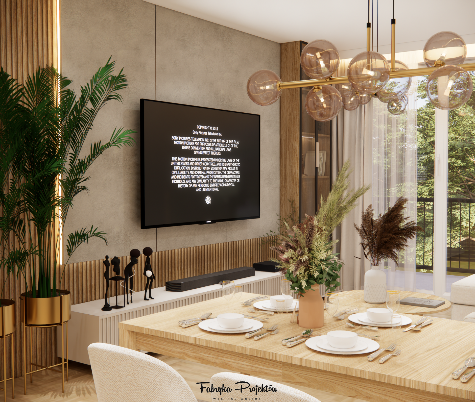 Widok z jadalni na ścianę z telewizorem w salonie, nad stołem lampa z kulistymi kloszami.